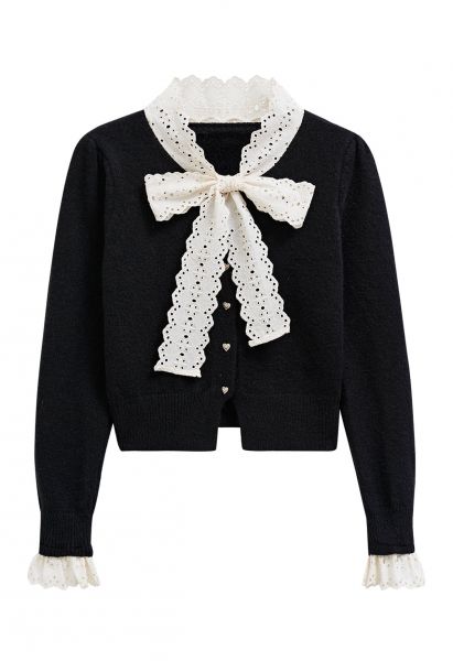 Embroidered Eyelet Bowknot Heart Button Fuzzy Knit Cardigan in Black