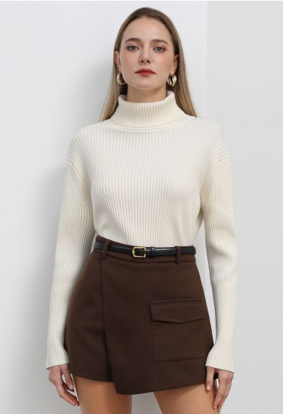 Flap Pocket Wool-Blend Belted Mini Skorts in Brown