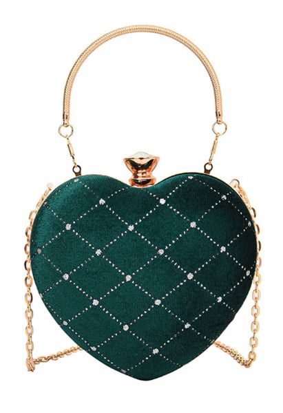 High-End Diamond-Shape Velvet Heart Clutch in Emerald