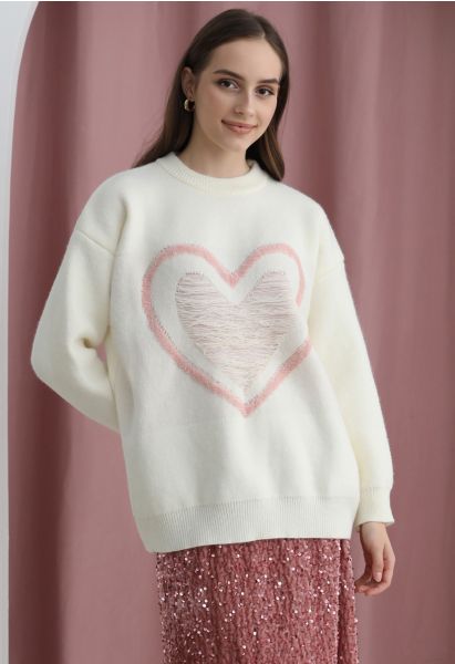 Ripped Heart Snug Knit Sweater in Ivory