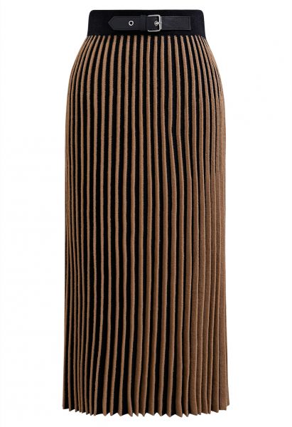 Belt Decorated Striped Pleated Knit Skirt in Tan
