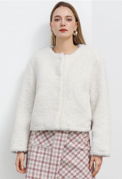 Cozy Collarless Faux Fur Coat in White