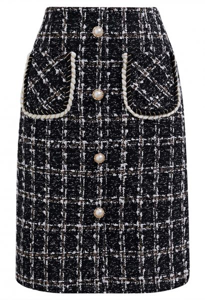 Patch Pocket Buttoned Check Tweed Skirt in Black