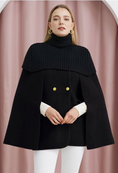 Turtleneck Double-Breasted Twinset Cape Coat in Black