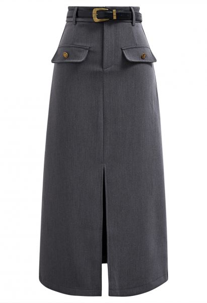Flap Pockets Front Slit Midi Skirt in Smoke