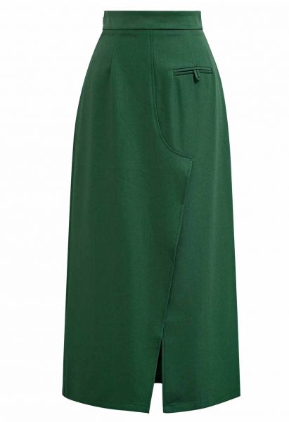 Welt Pocket Front Slit Skirt in Green