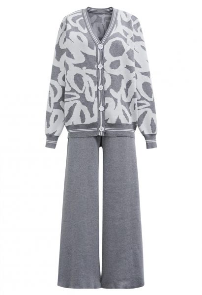 Abstract Print Buttoned Knit Cardigan and Pants Set in Grey