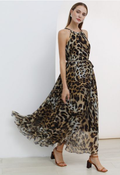 Alluring Animal Print Halter Neck Chiffon Maxi Dress