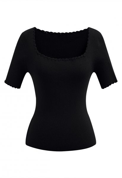 Scalloped Edge Square Neck Short Sleeve Knit Top in Black