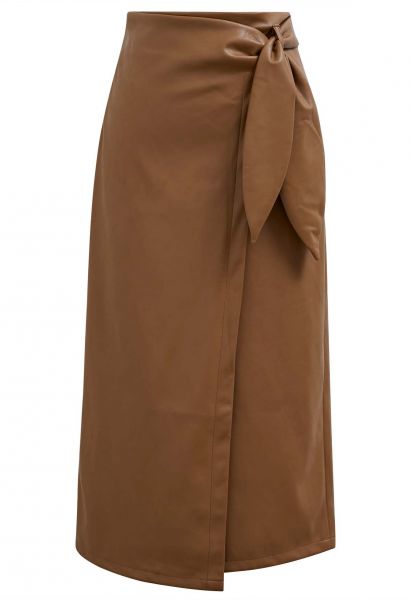 Tie-Waist Faux Leather Flap Skirt