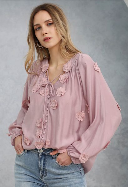 Romantic Blossom 3D Lace Flowers Buttoned Shirt in Pink