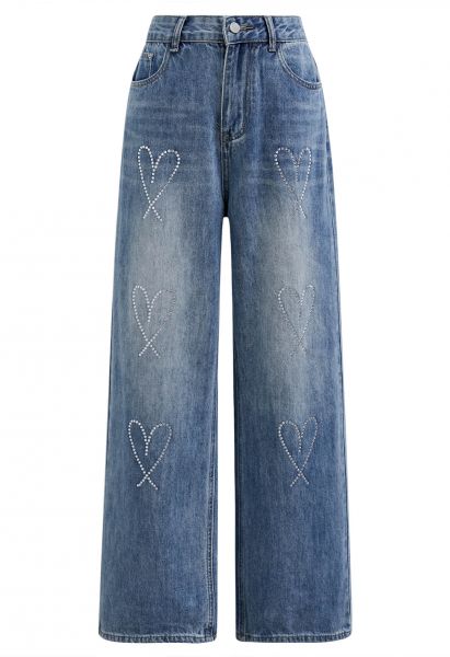 Rhinestone Heart Straight-Leg Jeans in Medium Wash