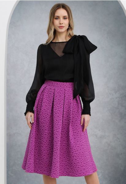 Embossed Floral A-Line Pleated Midi Skirt in Magenta