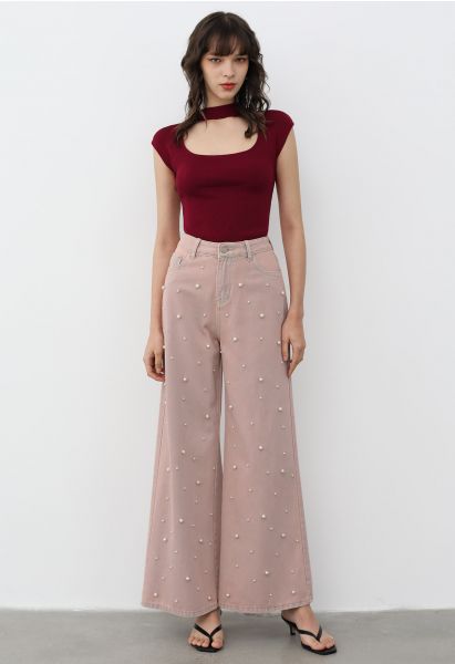 Pearl Adorned Straight-Leg Jeans in Pink