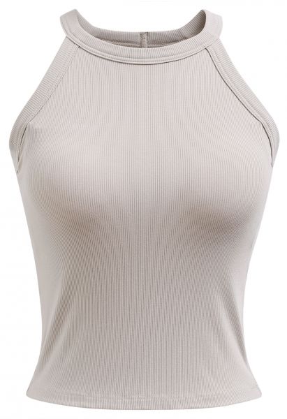Ribbed Texture Halter Neck Crop Top in Oatmeal