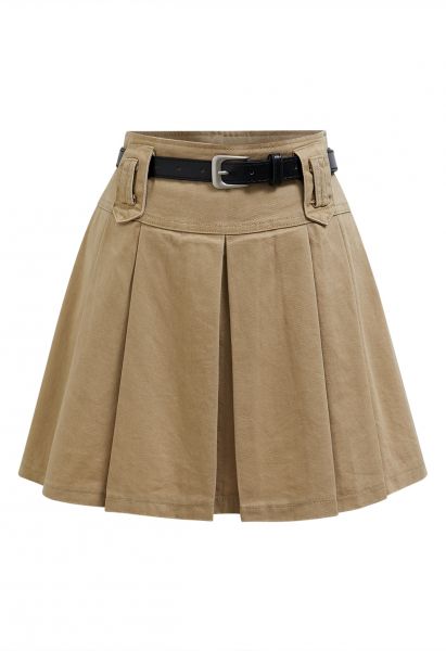 Classic Pleat Denim Mini Skirt with Belt in Light Tan