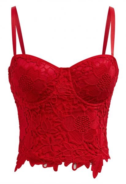 Floral Cutwork Lace Bustier Crop Top in Red