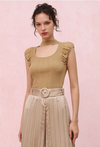 Choker Neck Ruched Cap Sleeves Knit Top in Tan
