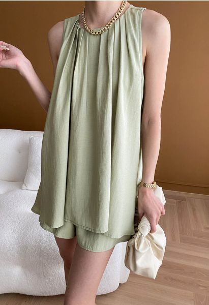 Pleats Sleeveless Top and Shorts Set in Pea Green