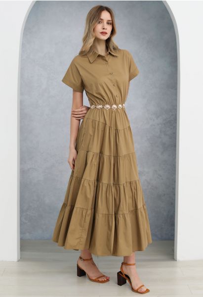 Short Sleeves Frilling Cotton Maxi Dress in Camel