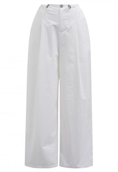 Relaxed Fit Drawstring Waist Wide-Leg Pants in White