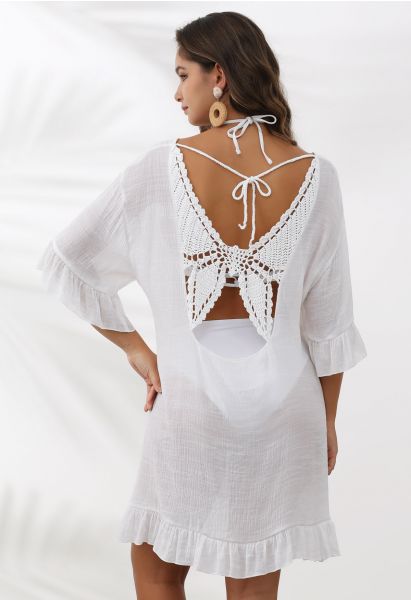 Butterfly Crochet Backless Cover-Up Dress in White