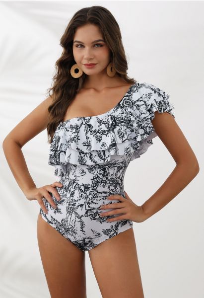Inky Forest Tiered Ruffle One-Shoulder Swimsuit