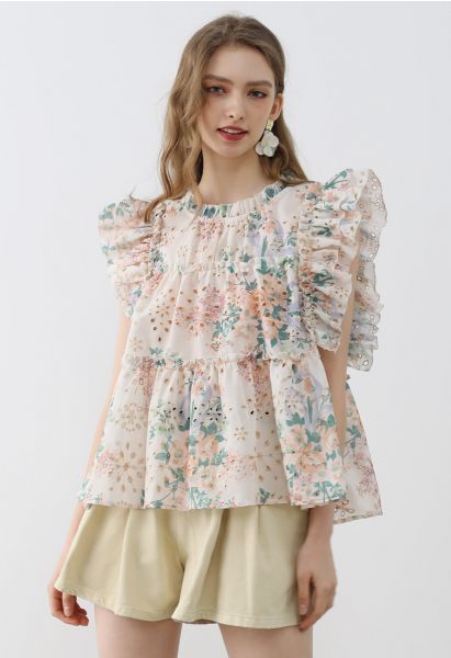 Matellic Embroidered Floral Print Sleeveless Dolly Top