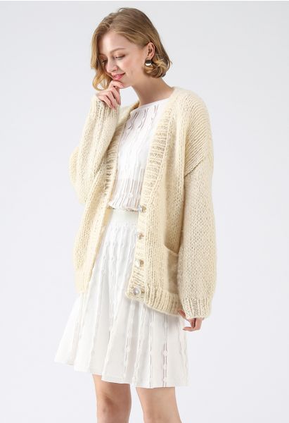 Pause for the Cozy Chunky Hand Knit Cardigan in Cream