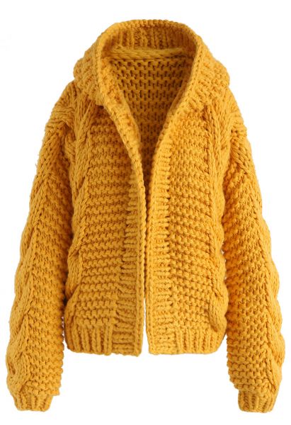All-Over Warmth Hooded Chunky Cardigan in Mustard