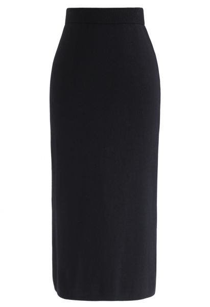 Basic Ribbed Knit Pencil Midi Skirt in Black