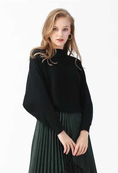 Boat Neck Batwing Sleeves Knit Top in Black
