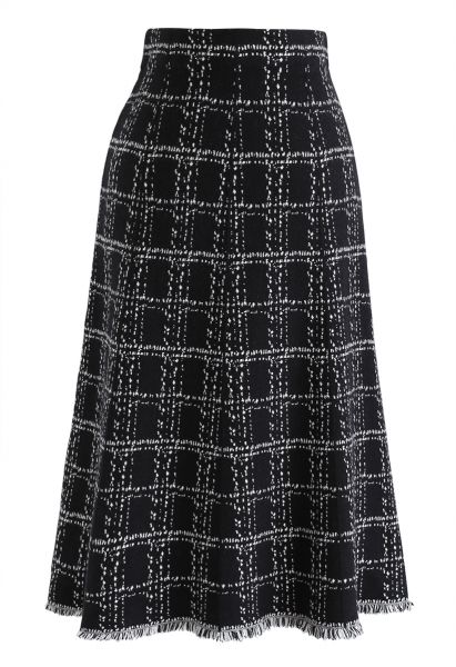 Check Tassel Hem Knit Midi Skirt in Black