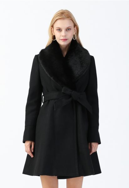 Faux Fur Collar Belted Flare Coat in Black