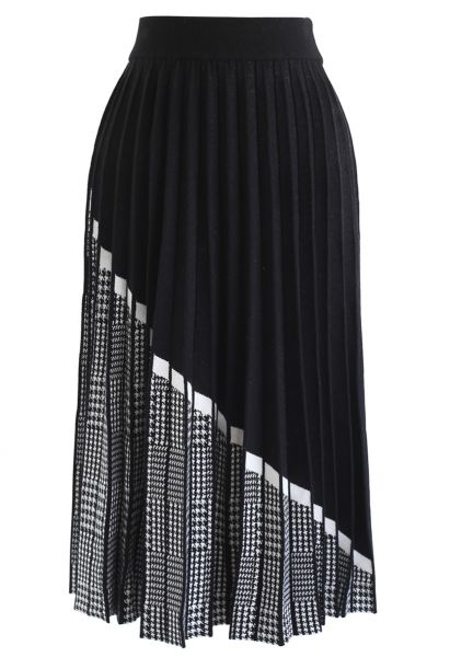 Houndstooth Hem Pleated Knit A-Line Midi Skirt