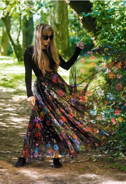 Tropical Flowering Watercolor Maxi Skirt in Black