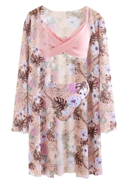 Fresh Floral Crisscross Front Bikini Cover-Up Set in Pink