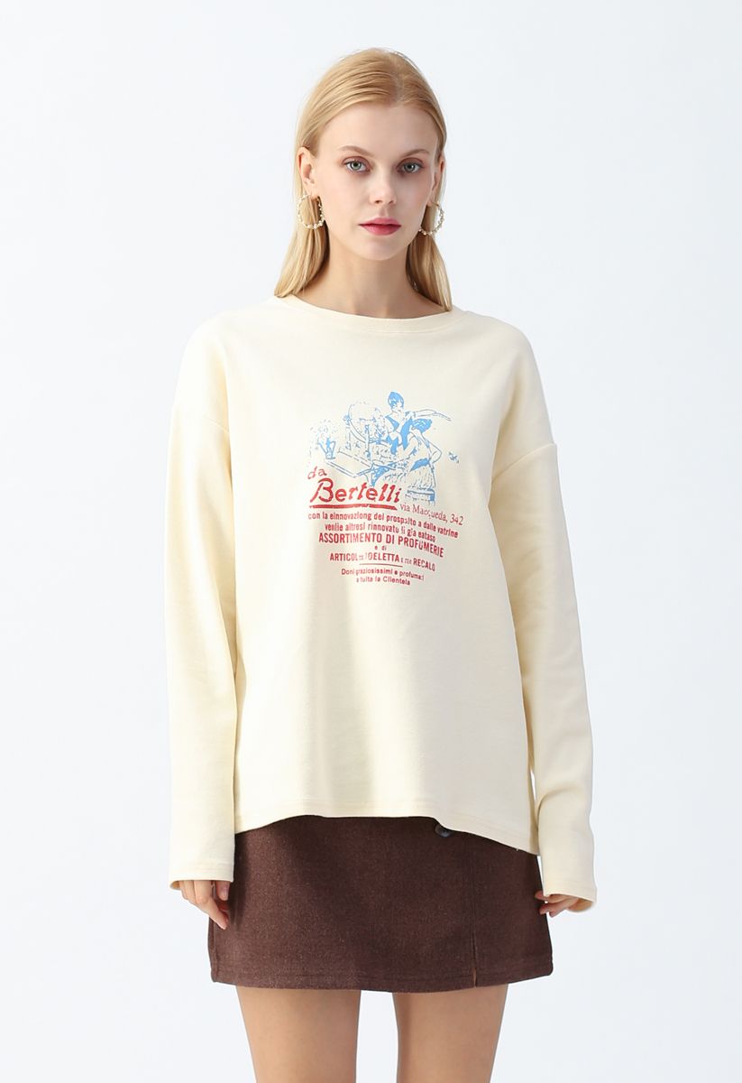 Colored Cartoon Print Loose Sweatshirt in Cream