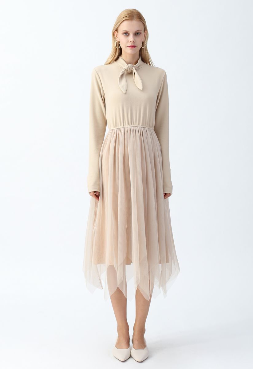 Double-Layered Mesh Knot Neck Dress in Sand