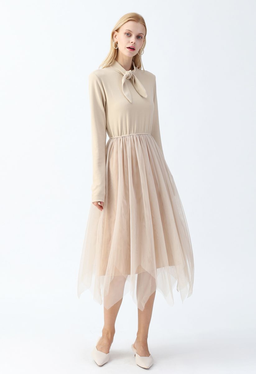 Double-Layered Mesh Knot Neck Dress in Sand - Retro, Indie and Unique ...