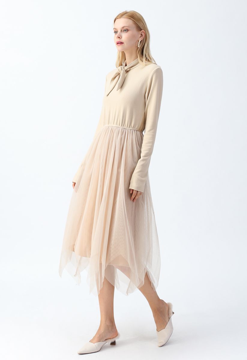 Double-Layered Mesh Knot Neck Dress in Sand