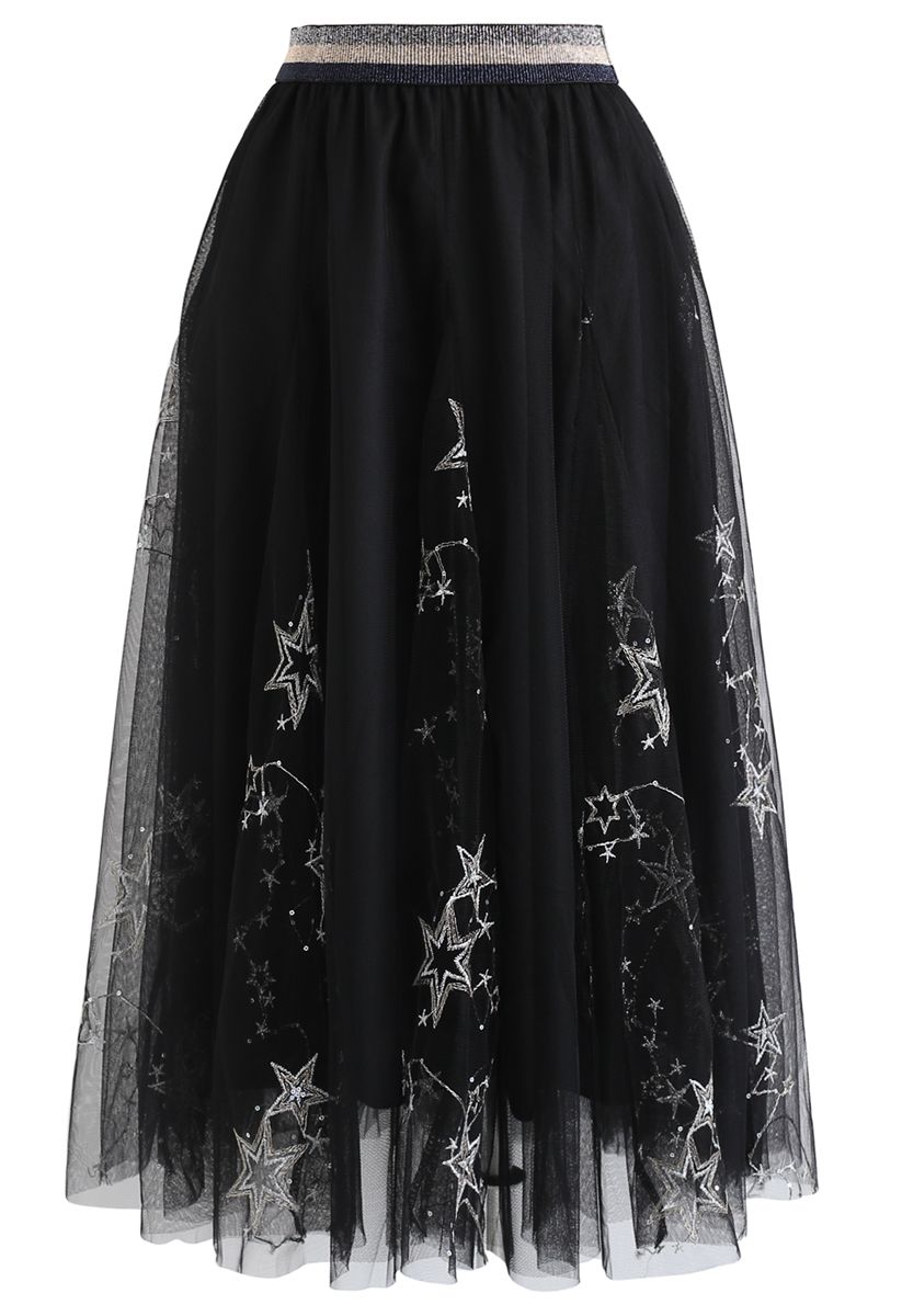 Sequined Embroidered Star Mesh Tulle Skirt in Black