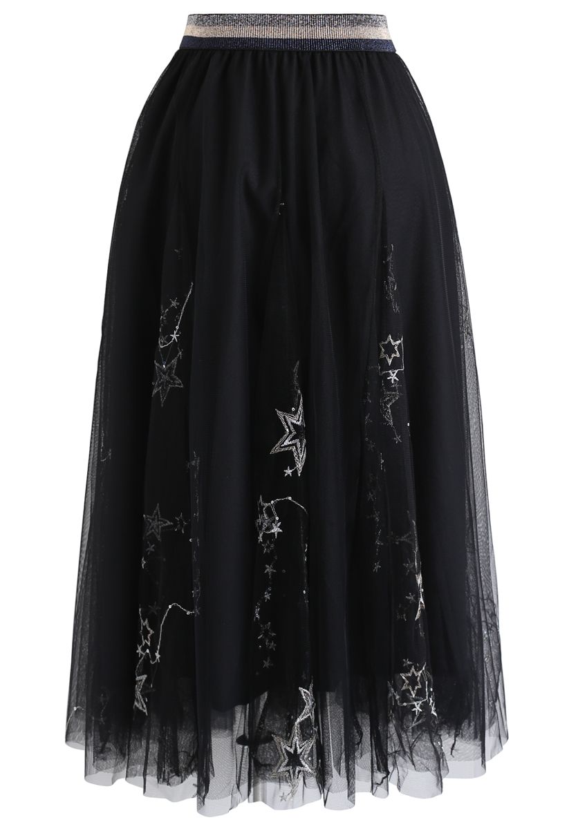Sequined Embroidered Star Mesh Tulle Skirt in Black