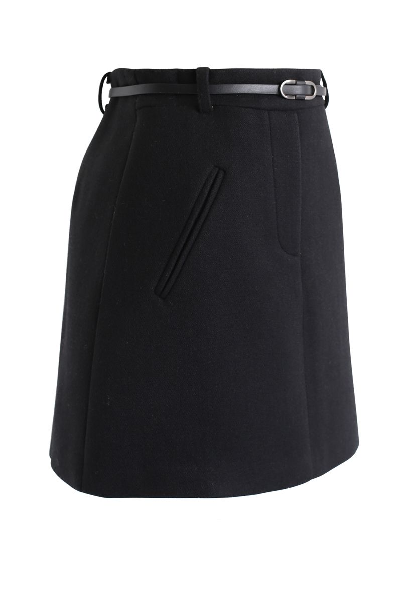 Belted Fake Pockets Mini Skirt in Black - Retro, Indie and Unique Fashion