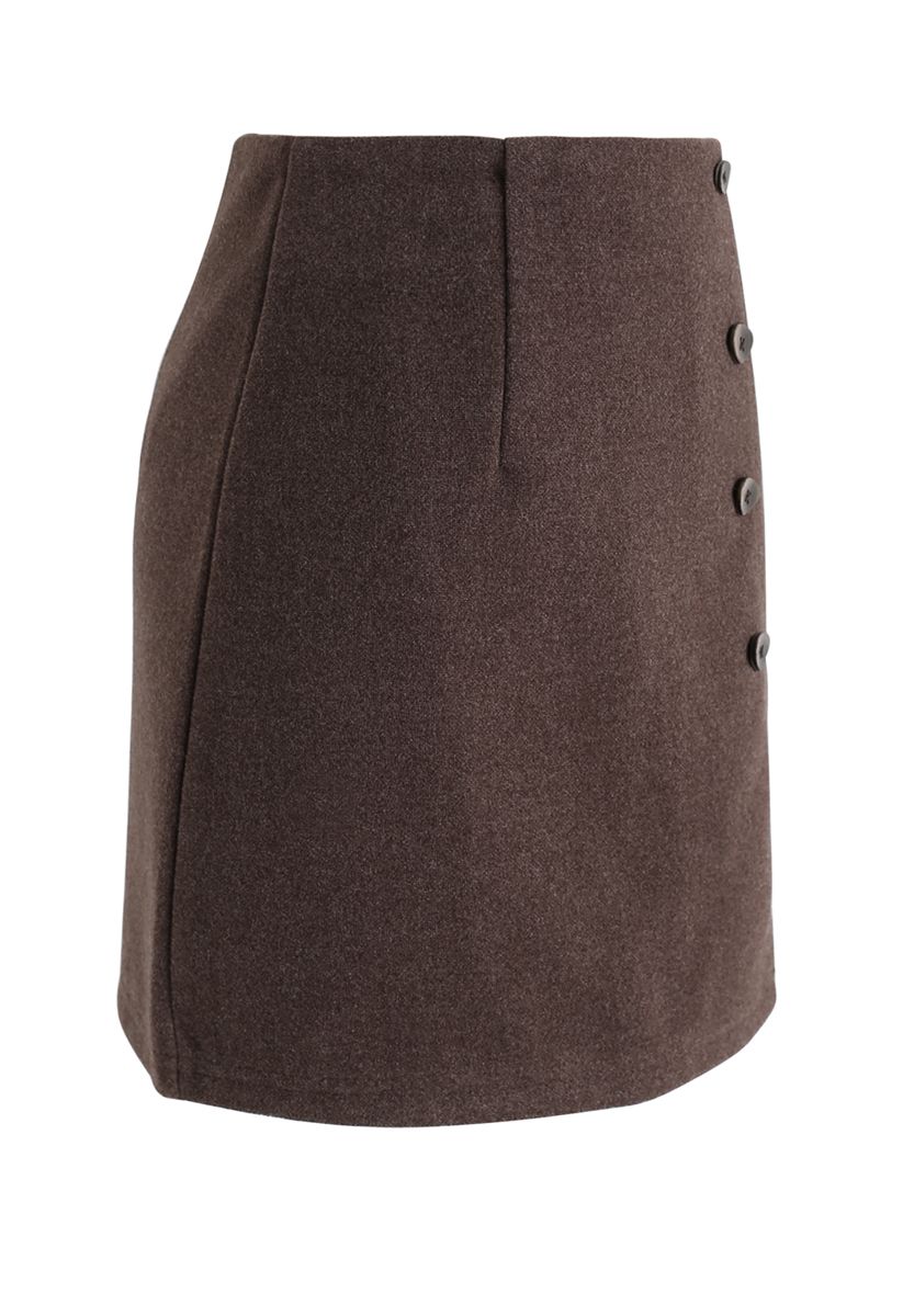 Irregular Button Decorated Wool-Blended Mini Skirt in Caramel