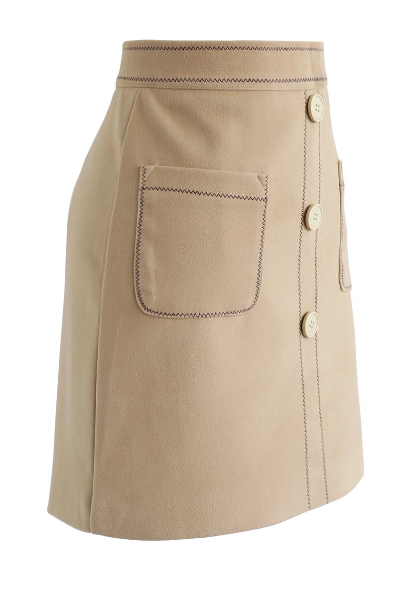 Contrasted Pockets Buttoned Mini Skirt in Tan - Retro, Indie and Unique ...