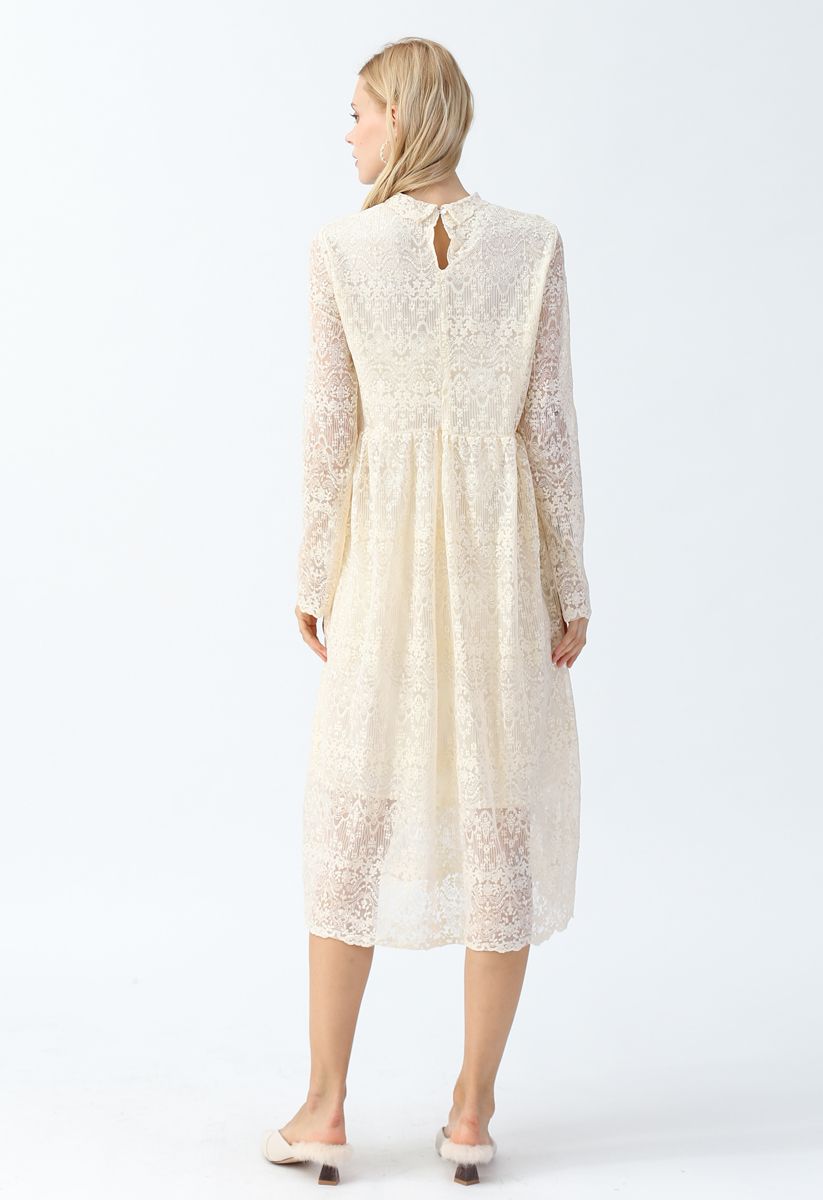 Floret Embroidered Lacy Midi Dress in Cream