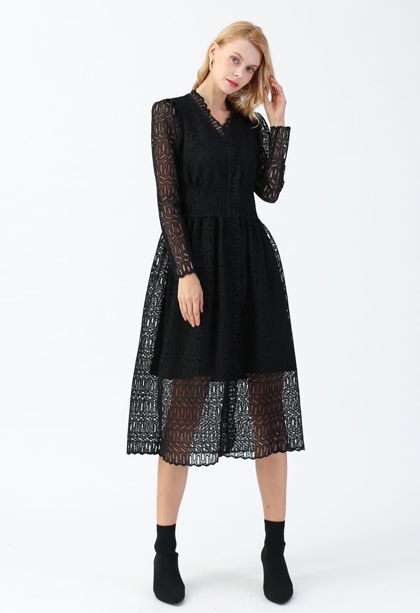 Full Crochet V-Neck Button Down Midi Dress in Black