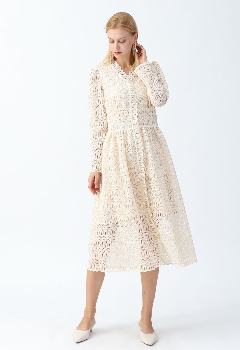 Full Crochet V-Neck Button Down Midi Dress in Cream - Retro, Indie and ...