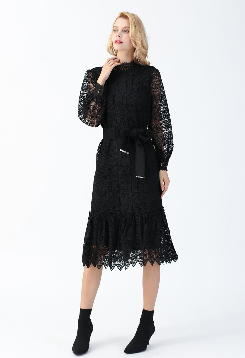 Full Floral Crochet Belted Frilling Dress in Black